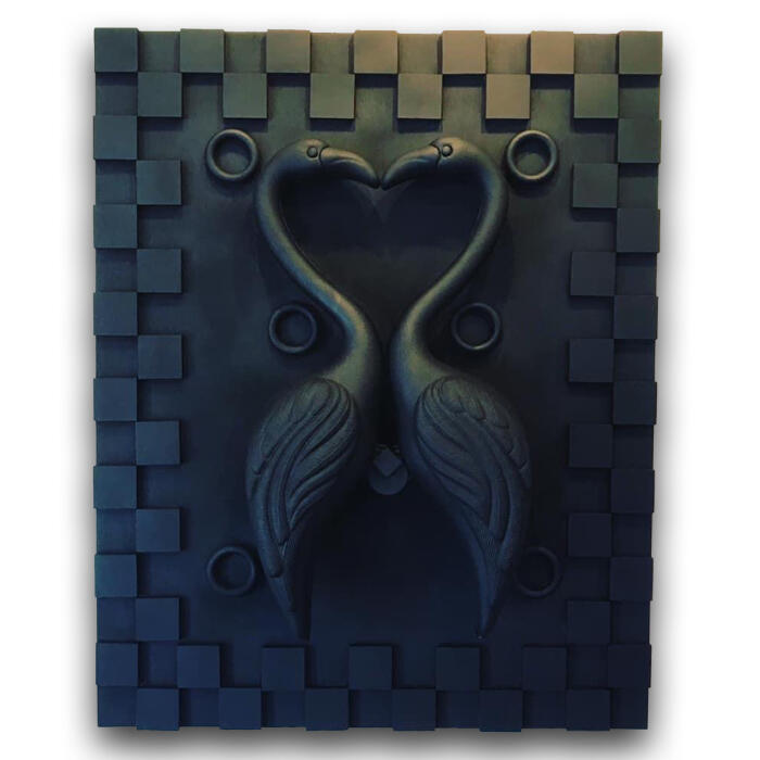 Flamingo Love – 24” x 18” Mixed Media on wood panel - $500