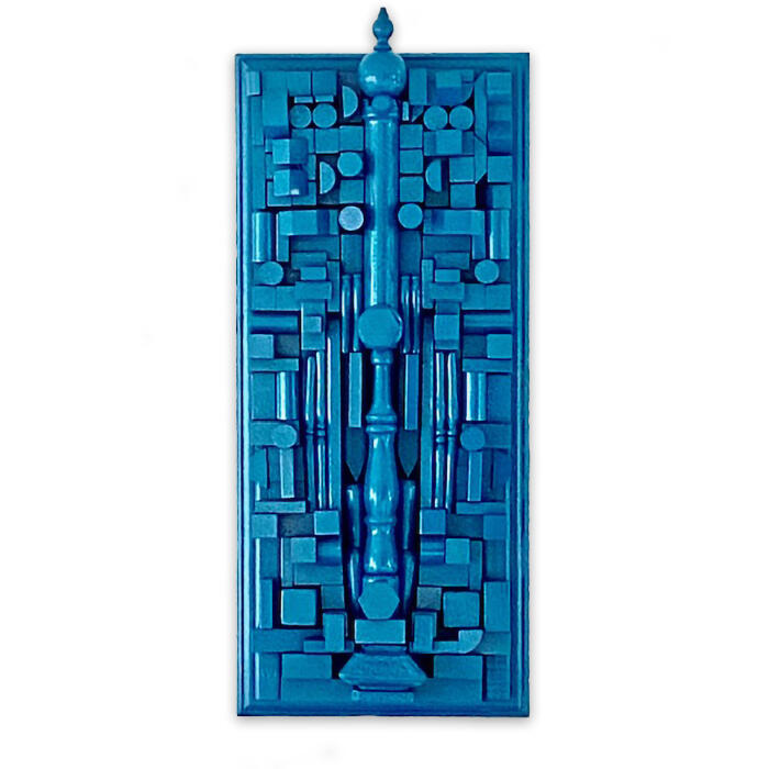 Simply Blu - 18” x 30” mixed media construction on wooden panel. $750